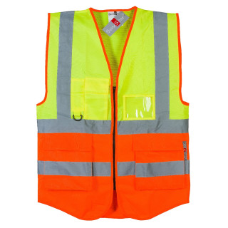 Warnschutz Weste 2-farbig, gelb / orange, mit Reisverschlu&szlig; &amp; vielen Taschen, Warnschutzklasse 2 - TOP